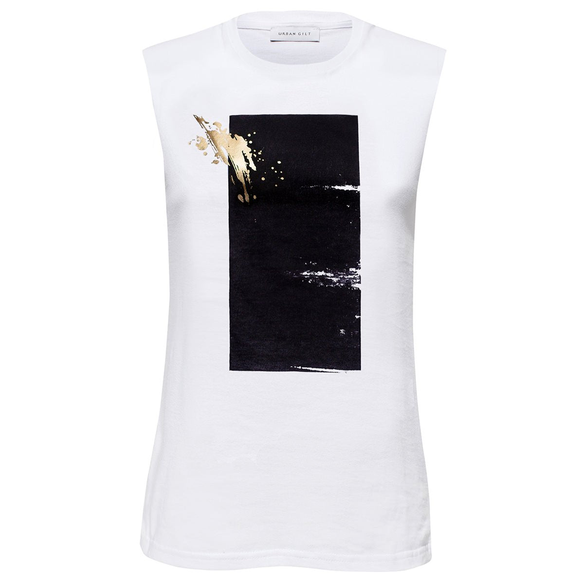 Stratton White Abstract Gold Splash Print Top Front View