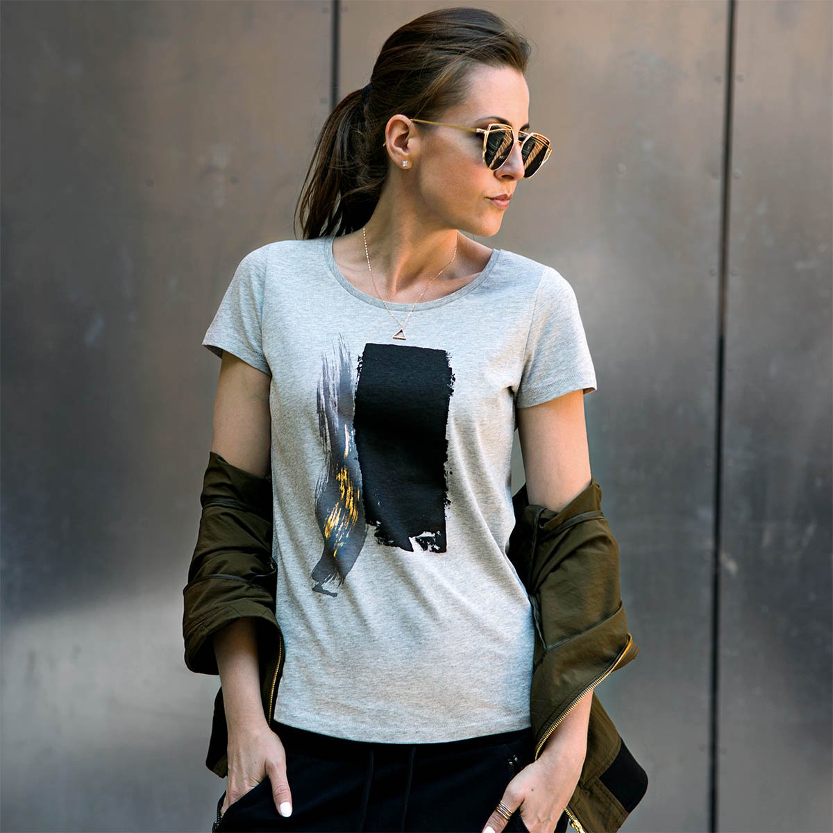 Maltby Grey Abstract Paint Stroke Print T-shirt Lifestyle 1